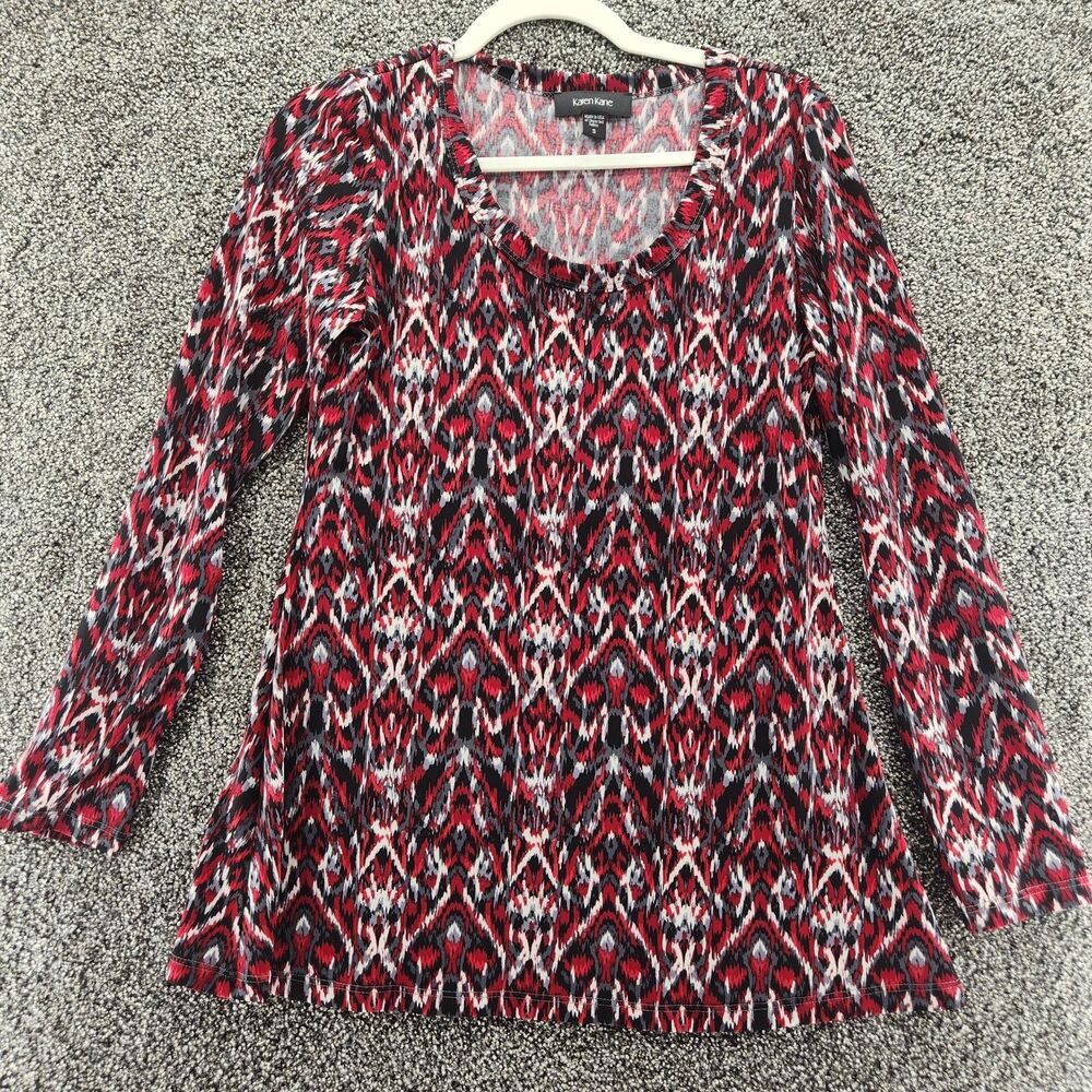 Karen Kane small red long sleeve rounded neckline blouse